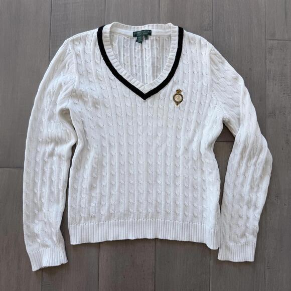 Vintage Lauren Active Ralph Lauren White Cable Knit V-Neck Sweater Size L - Picture 8 of 8